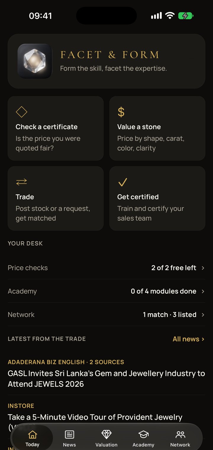 The Facet & Form app: the Today screen with certificate check, valuation, trade and academy