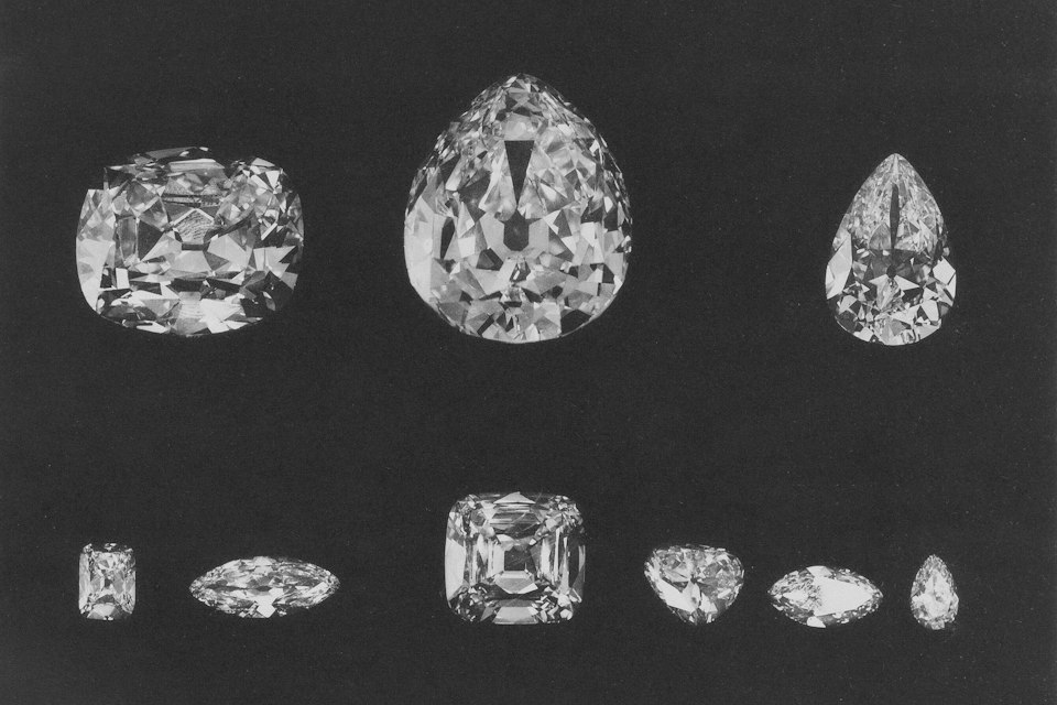 Historic photograph of nine cut diamonds of different shapes
